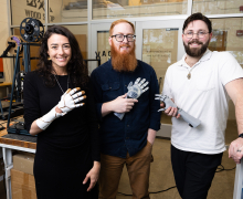 A team of industrial design students at App State is taking a human-centered approach to innovation, using 3D printing technology to design and develop next-generation prosthetic hands that are both accessible and customizable for users. Pictured, from left to right, are App State assistant professor Jimena Vergara-Sanz, who leads the project in collaboration with associate professor Dr. Garner Dewey (not pictured); Davey West, lab operations manager in App State’s Department of Applied Design; and senior i